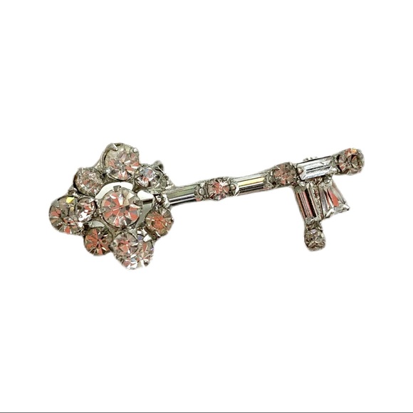 Vtg Unsigned Rhinestone Skeleton Key Brooch 1950s - Picture 6 of 10